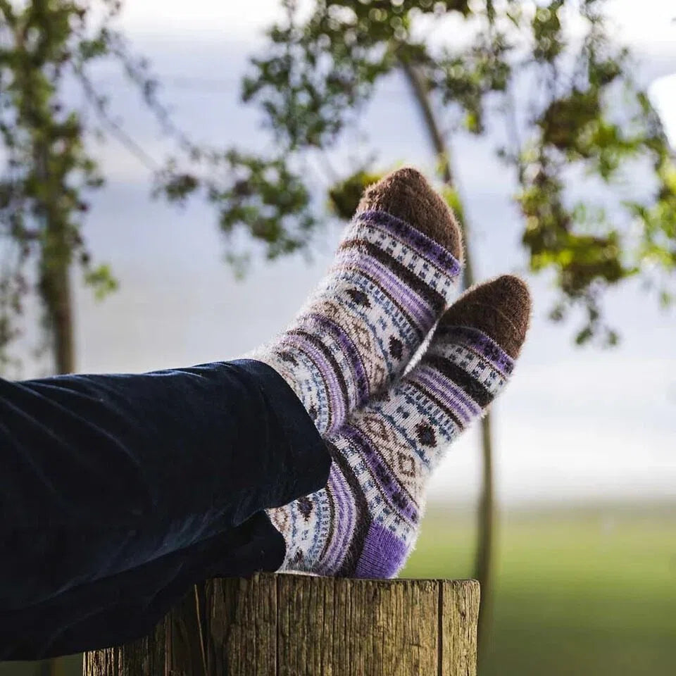 Purple And Brown Color Blocked Layered Knit Socks